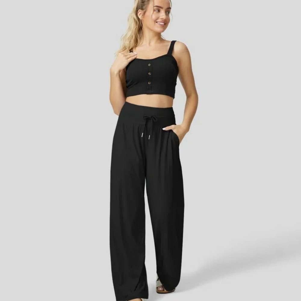 High Waisted Drawstring Side Pocket Wide Leg Cool Touch Casual Pants